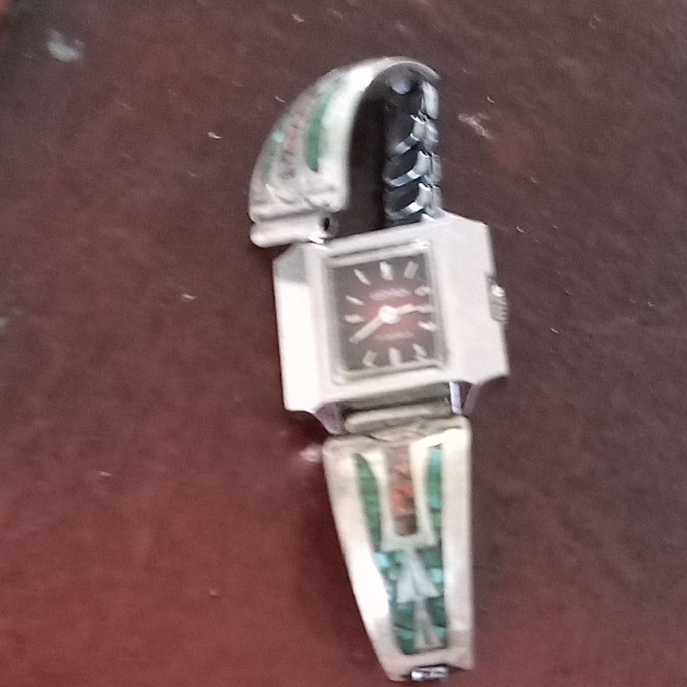 VintageSterling Silver Inlay Women's Watch w Green Turquoise Accents Missing Pin
